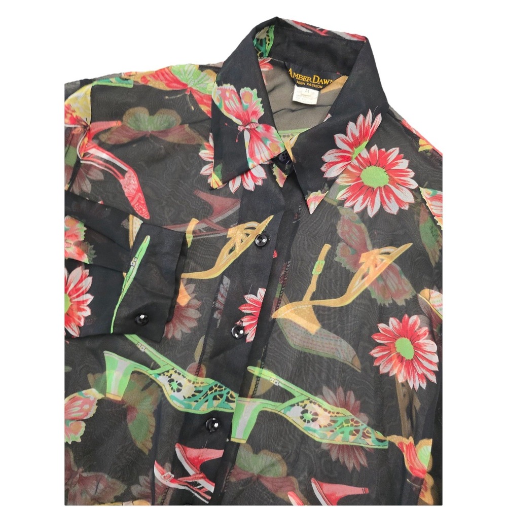 Vtg Amber Dawn Blouse Women's M Black Sandals Flowers Butterflies‎ Sheer Relaxed